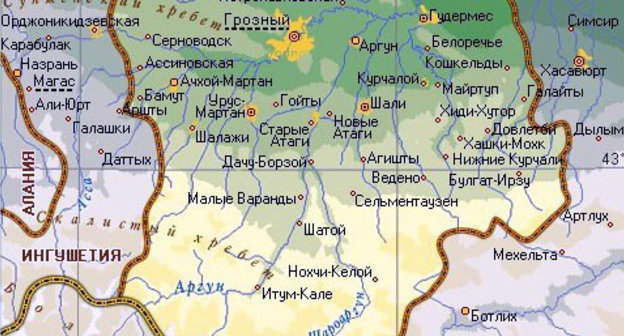 Расположение населённых пунктов вдоль границы Чеченской и Ингушской республик Фото: http://rfmaps.ru/chechenskaja-respublika/