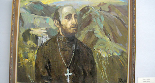 Выставка работ современного искусства. Картина с изображением Комитаса. Ереван, 6 марта 2015 г. Фото Инессы Саргсян для "Кавказского узла"