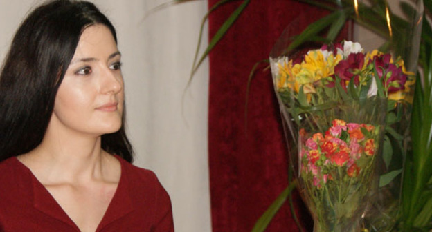 Алиса Ганиева во время презентации книги "Жених и невеста". Москва, 18 апреля 2015 г. Фото Натальи Крайновой для "Кавказского узла"