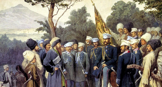 «Имам Шамиль перед главнокомандующим князем А. И. Барятинским, 25 августа 1859 года», картина А. Д. Кившенко, 1880 год, Центральный военно-морской музей, Санкт-Петербург. Фото https://ru.wikipedia.org