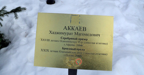 Испорченная именная табличка на Олимпийской аллее. Нальчик, 6 февраля 2017 г. Фото Людмилы Маратовой для "Кавказского узла"