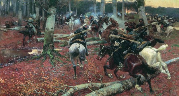 Кавказская (конная) разведка. Франц Рубо. https://ru.wikipedia.org/wiki/Кавказская_война#/media/Файл:Roubaud._Scene_from_Caucasian_war.jpg