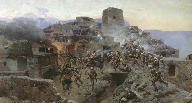 Штурм аула Гимры. Картина художника Франца Рубо. https://ru.wikipedia.org/wiki/Битва_за_Гимры#/media/Файл:Sturm_aul_Gimry_1891.jpg
