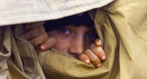 Чеченский мальчик выглядывает из палатки в лагере беженцев в Ингушетии 13 января 2000 года. Фото REUTERS/Spare Spare