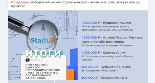 Эмблема конкурса предпринимательских проектов сенатора Арсена Канокова и список пяти главных победителей. Скриншот со страницы Канокова в Facebook. https://www.facebook.com/kanokov.arsen/posts/2096917400474313