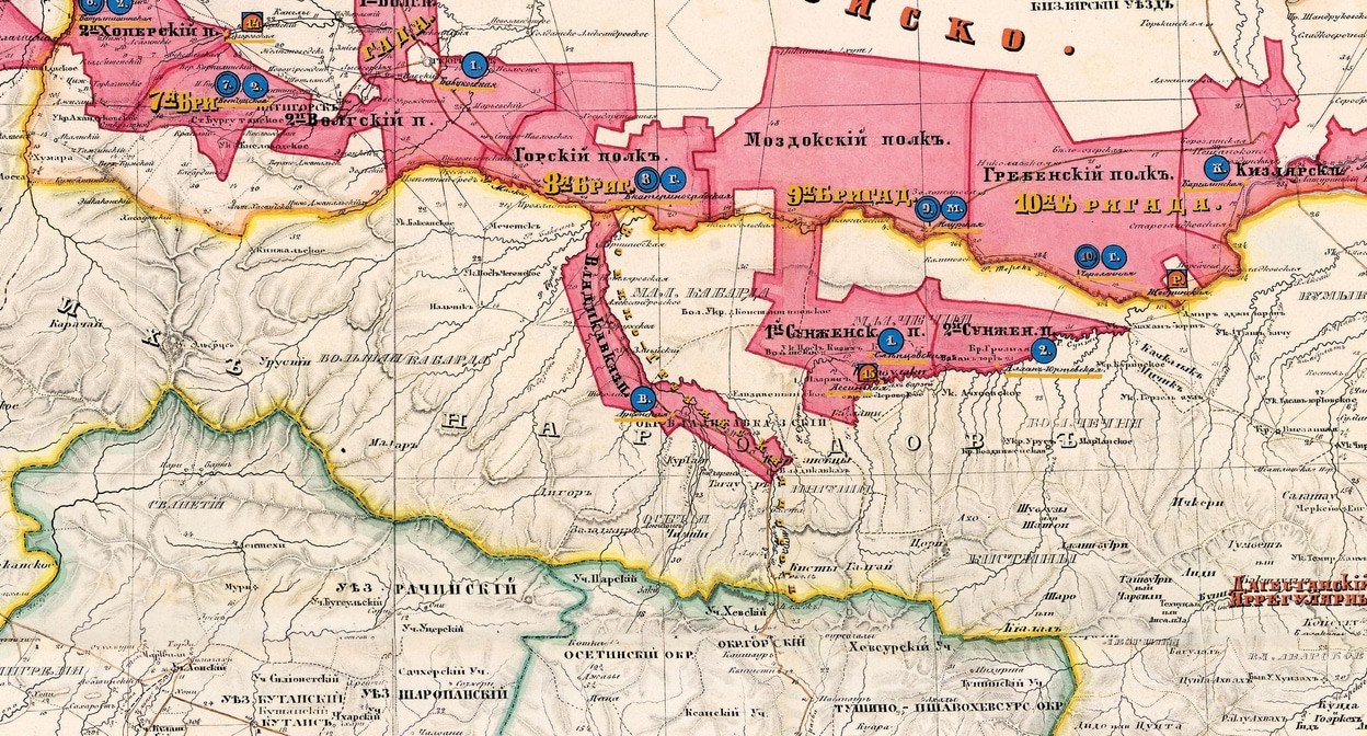 Фрагмент карты земель Черноморского и Кавказского линейных казачьих войск. Атлас землям иррегулярных войск (линейные казаки) (1858 год).