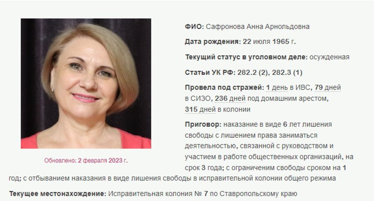 Анна Сафронова. Скриншот с сайта, где собрана информация об уголовных делах в отношении российских Свидетелей Иеговы*.