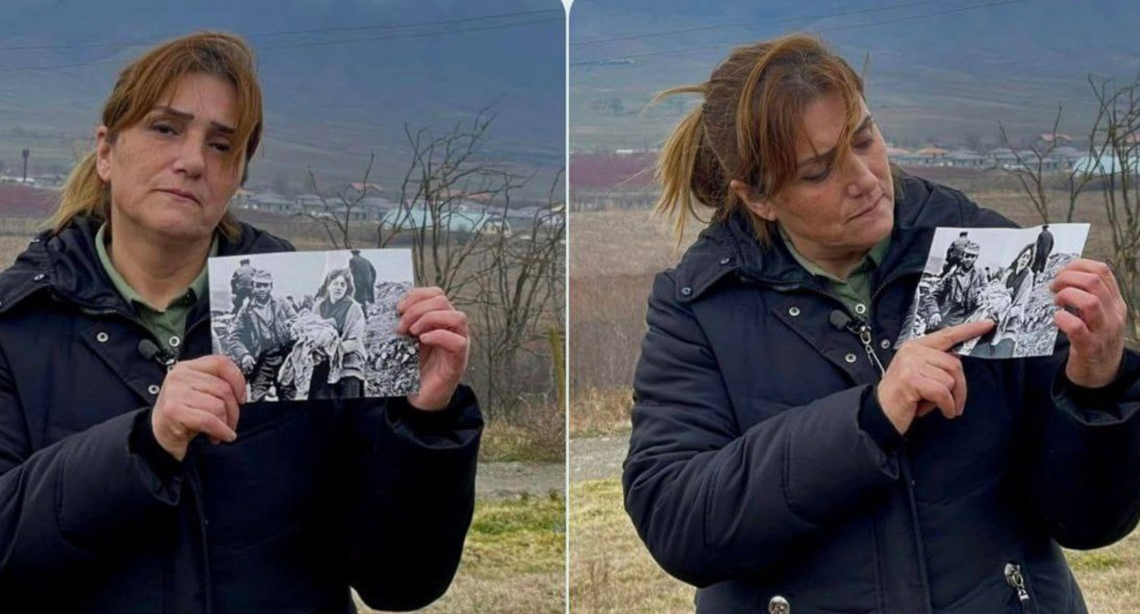 Жительница Азербайджана показывает фото Ходжалинской трагедии. Фото https://www.facebook.com/photo?fbid=7121285014656723&set=a.747306118721343 принадлежит компании Meta деятельность которой запрещена в России