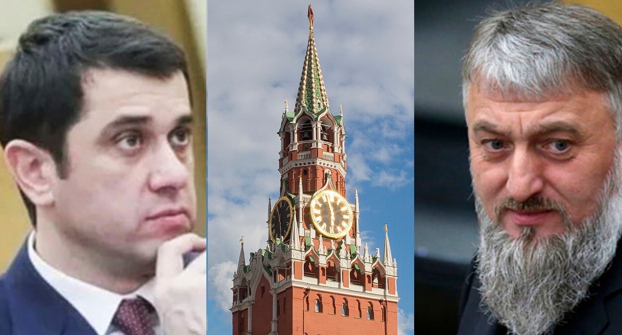 Бекхан Барахоев (слева), Адам Делимханов и Кремль. Коллаж "Кавказского узла". Фото: "Грозный Информ" https://www.grozny-inform.ru/ https://fortanga.org/
Фото кремля: Мазур Владимир https://commons.wikimedia.org 