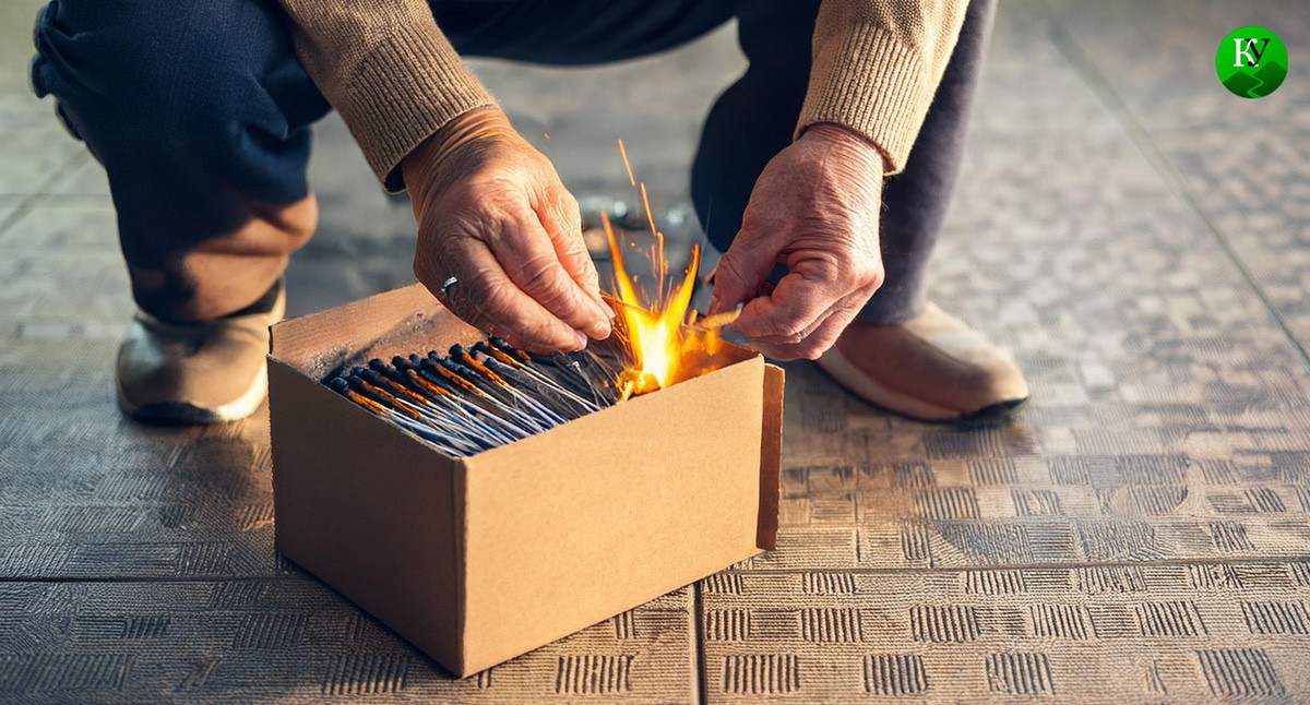 Пенсионерка поджигает фейерверки. Иллюстрация создана «Кавказским узлом» с помощью ИИ в программе Photoshop
