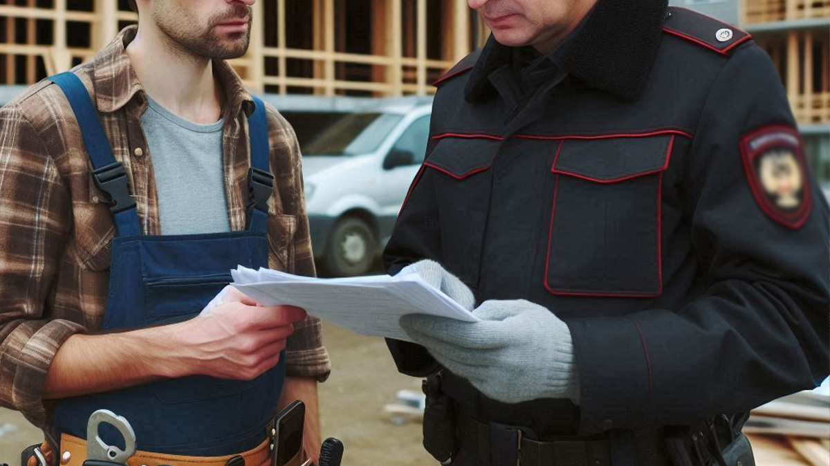 Полицейский проверяет документы у мигранта. Иллюстрация создана "Кавказским узлом" с помощью ИИ в программе Copilot