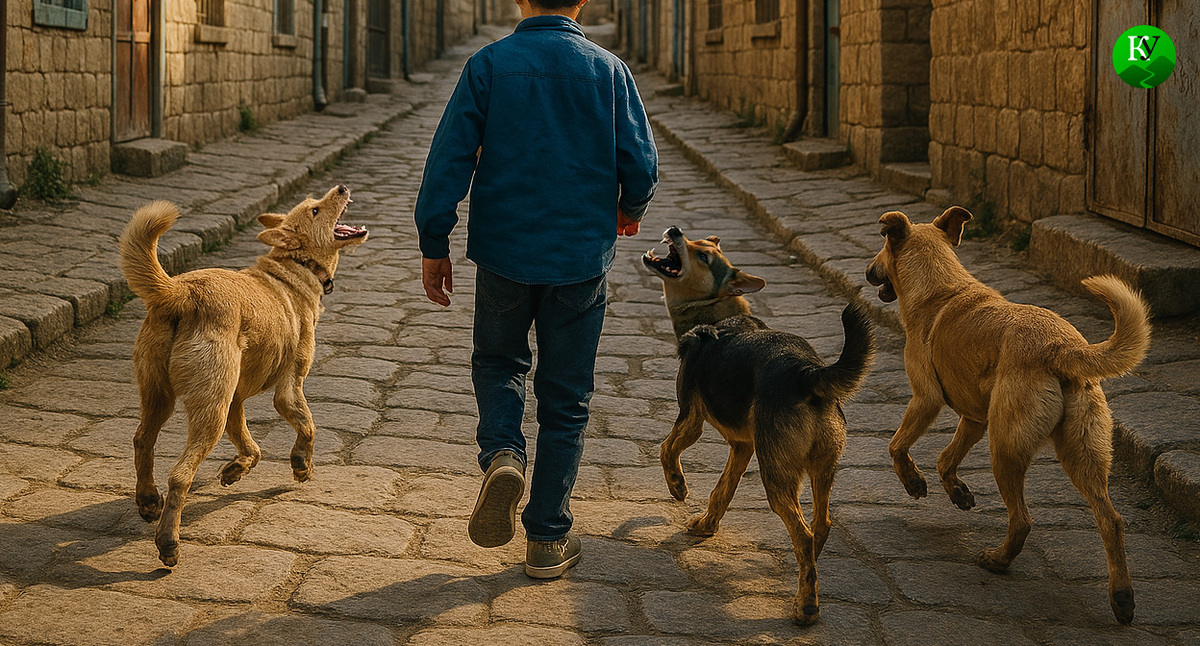 Собаки лают на подростка. Иллюстрация создана "Кавказским узлом" с помощью ИИ в программе Copilot