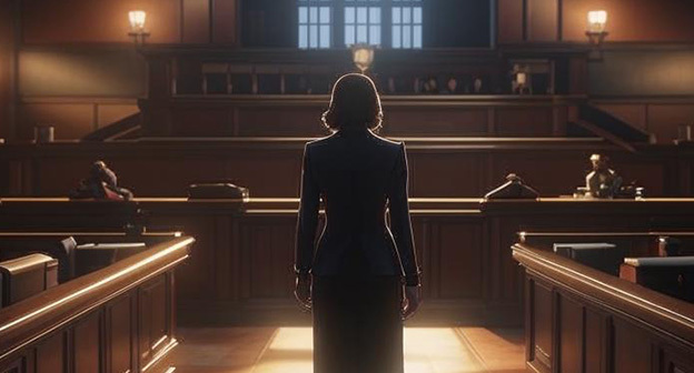 Женщина в зале суда. Иллюстрация "Кавказского узла", созданная при помощи программы Copilot