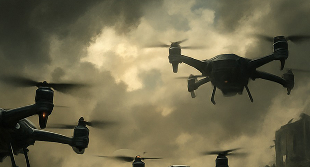 Атака дронов. Иллюстрация "Кавказского узла", созданная при помощи программы Copilot