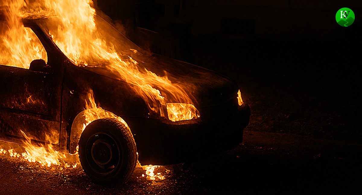 Горит автомобиль. Иллюстрация создана "Кавказским узлом" с помощью ИИ в программе Copilot