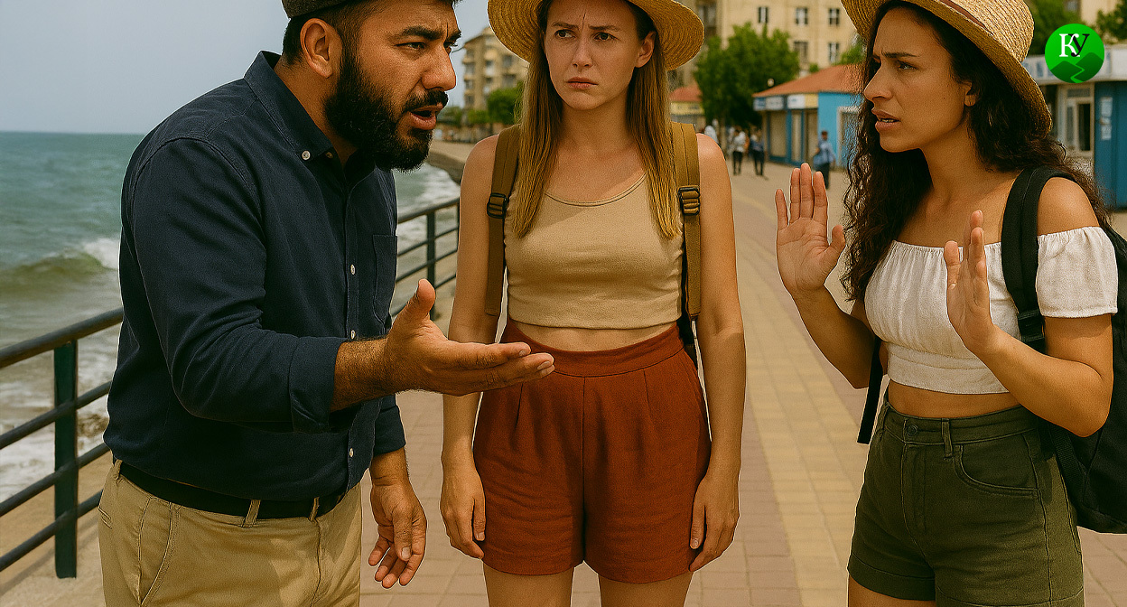 Спор местного жителя и туристок. Иллюстрация создана "Кавказским узлом" с помощью ИИ в программе Copilot