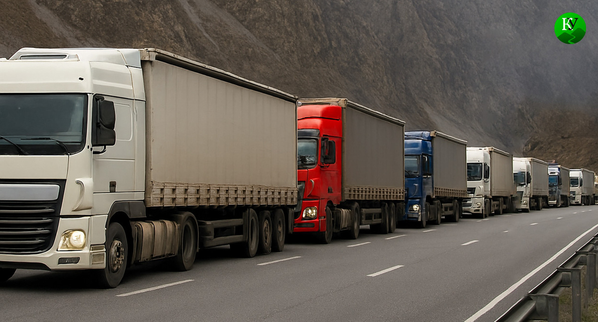 Очередь из грузовиков. Иллюстрация создана «Кавказским узлом» с помощью ИИ в программе Copilot