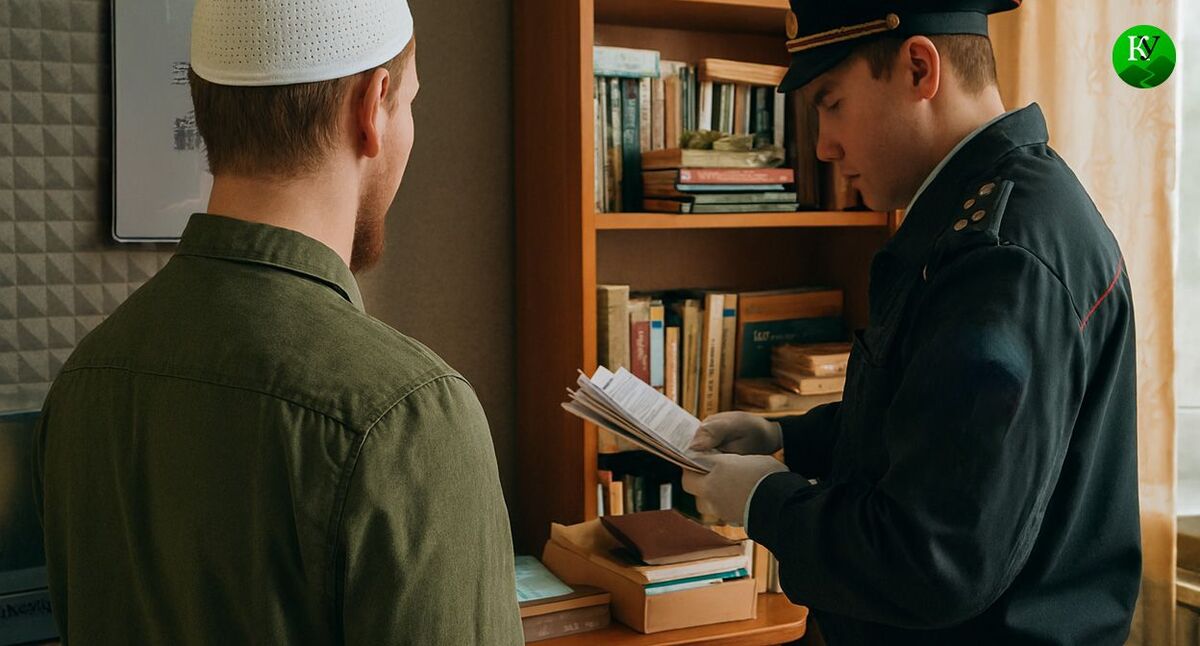 Обыск в квартире Мансура Гнеева. Изображение создано "Кавказским узлом" при помощи ИИ в программе Copilot.