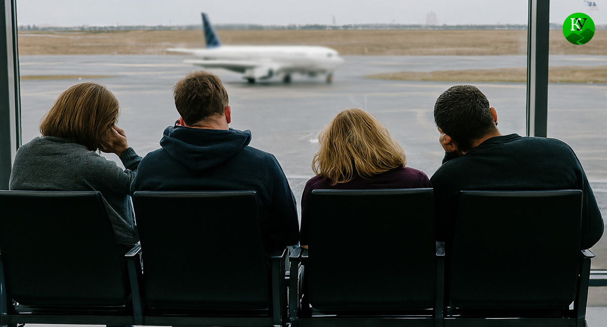 Пассажиры ждут вылета. Иллюстрация создана «Кавказским узлом» с помощью ИИ в программе Copilot