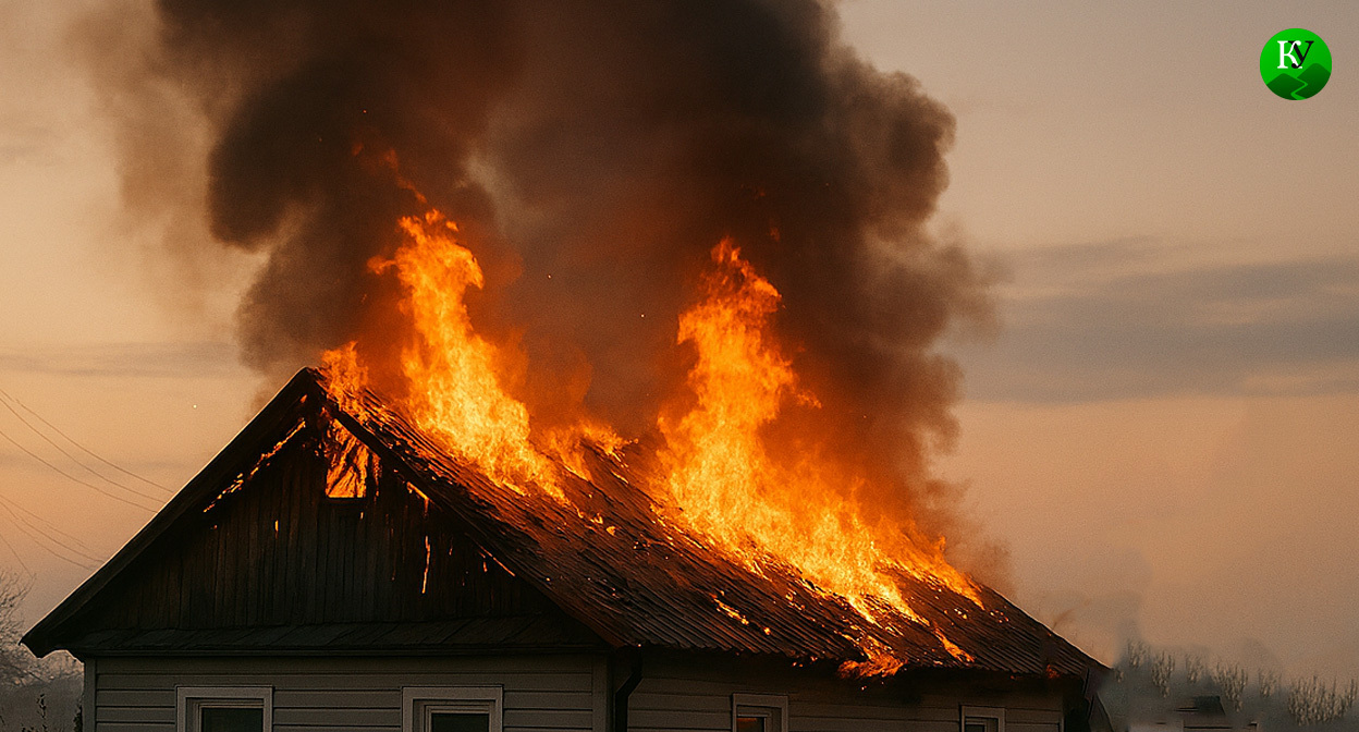 Горит крыша дома. Иллюстрация создана"Кавказским узлом" с помощью ИИ в программе Copilot