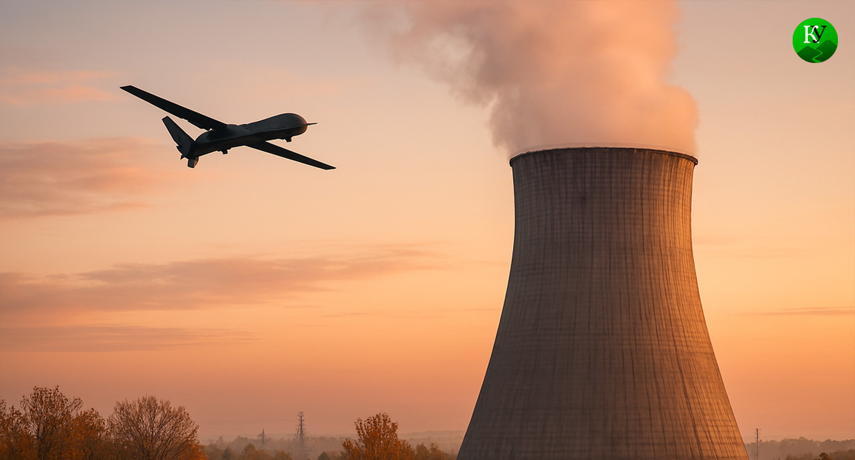 БПЛА на фоне градирни. Иллюстрация создана "Кавказским узлом" с помощью ИИ в программе Copilot