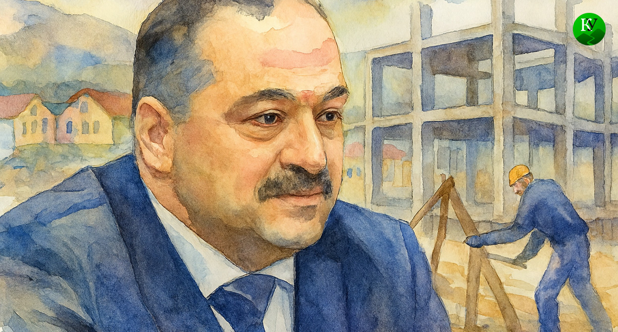 Сергей Меликов и стройка. Иллюстрация создана "Кавказским узлом" с помощью ИИ в программе Copilot