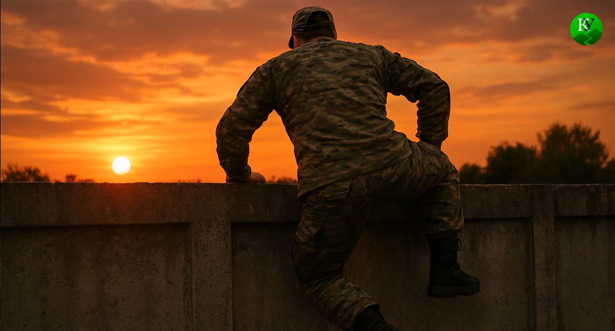 Военный покидает часть. Иллюстрация создана «Кавказским узлом» с помощью ИИ в программе Copilot