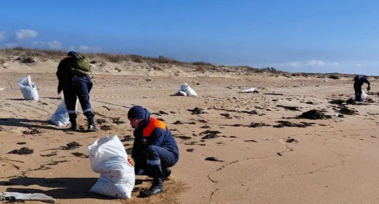 Уборка свежих выбросов мазута. Скриншот фото оперштаба Краснодарского края от 01.11.25, https://t.me/opershtab23/14374?single