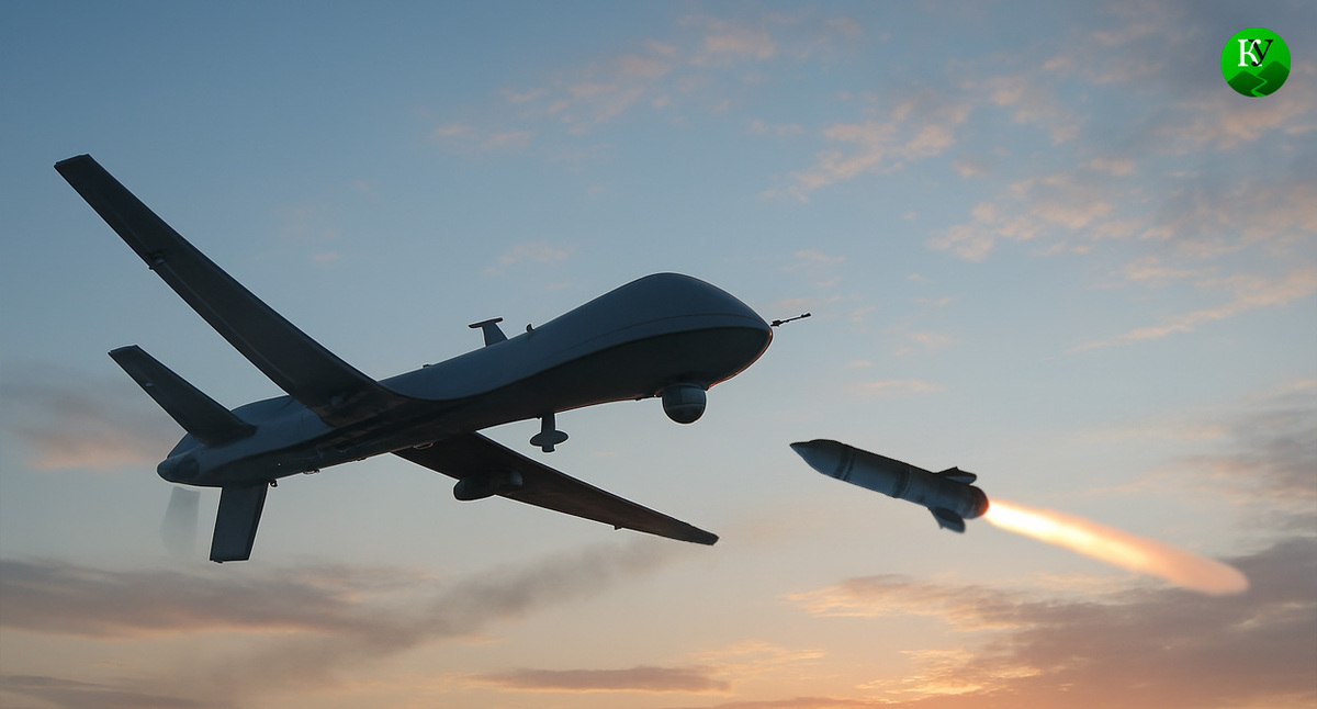 Ракета сбивает БПЛА. Иллюстрация создана «Кавказским узлом» с помощью ИИ в программе Copilot