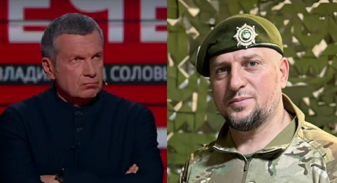 Владимир Соловьев (слева) и Апти Алаудинов. Коллаж "Кавказского узла". Источник фото: стоп-кадр https://smotrim.ru/video/2994777 и скриншот https://t.me/AptiAlaudinovAKHMAT/15927