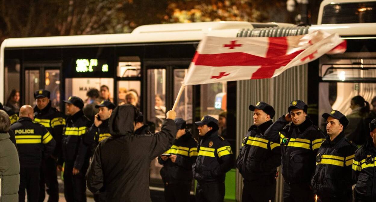 Демонстрант с флагом Грузии перед полицейскими на проспекте Руставели. Фото: Mindia Gabadze / Publika 