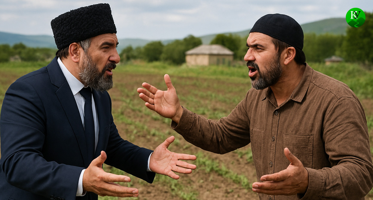 Чиновник спорит с местным жителем. Иллюстрация создана «Кавказским узлом» с помощью ИИ в программе Copilot