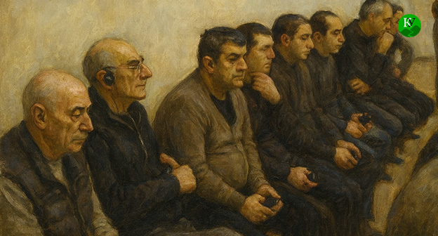 Обвиняемые по "карабахскому" делу в зале суда. Иллюстрация "Кавказского узла" созданная ИИ при помощи программы Copilot