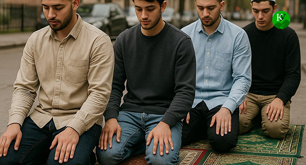 Молодые люди молятся на улице. Иллюстрация "Кавказского узла" созданная ИИ при помощи программы Copilot