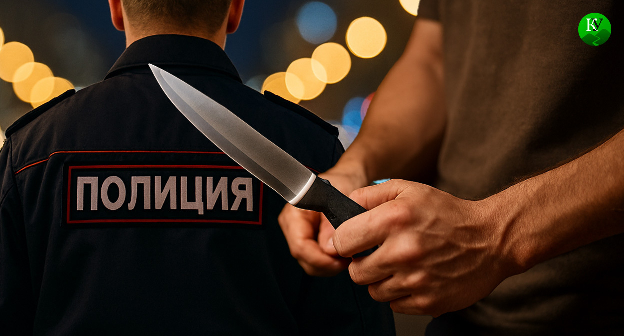 Силовик и мужчина с ножом. Иллюстрация создана «Кавказским узлом» с помощью ИИ в программе Copilot