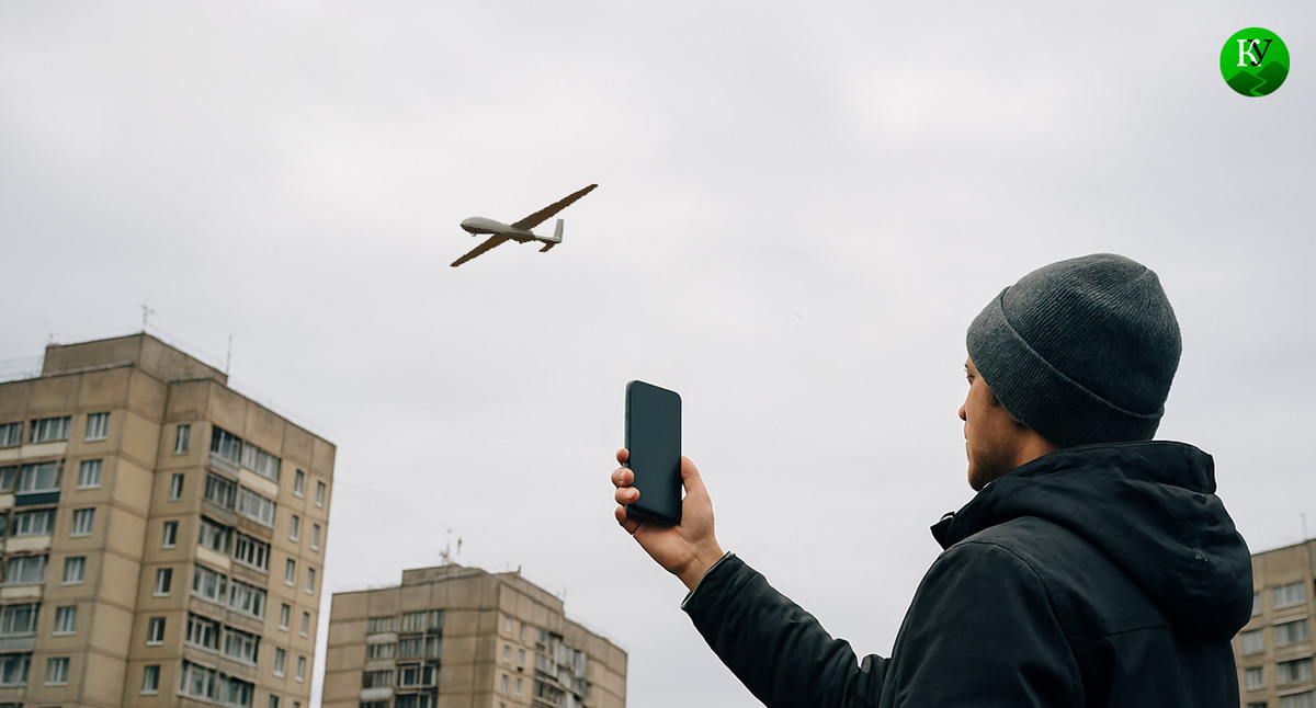 Мужчина снимает полет БПЛА. Иллюстрация создана «Кавказским узлом» с помощью ИИ в программе Copilot