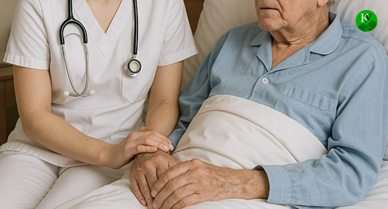 Медсестра сидит возле пациента. Иллюстрация "Кавказского узла" созданная ИИ при помощи программы Copilot