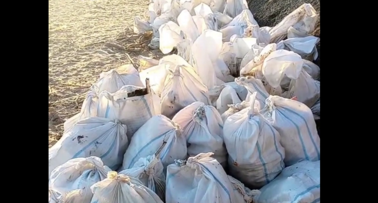 Мешки с мазутом. Стоп-кадр видео штаба "Дельфины" от 20.12.25, https://t.me/shtab_delfin/1642.