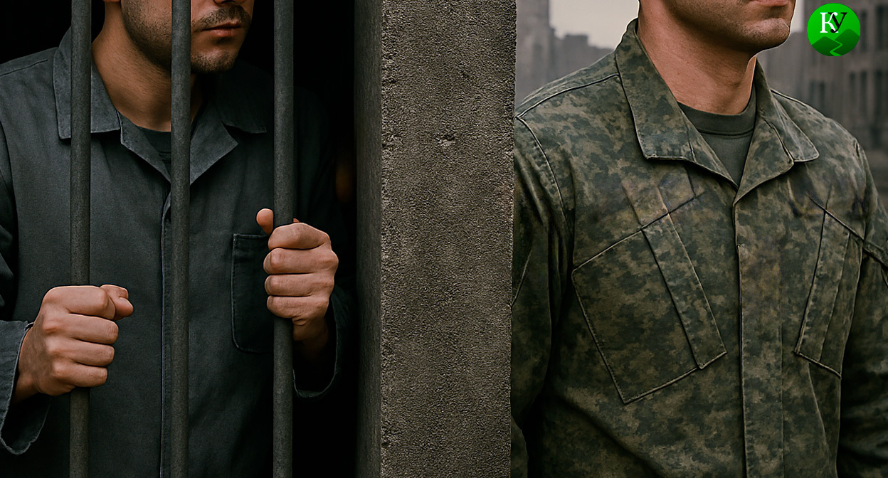 Заключенного отправили на СВО. Иллюстрация создана «Кавказским узлом» с помощью ИИ в программе Copilot