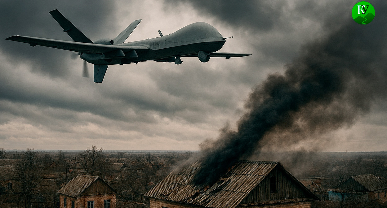 БПЛА над домами. Иллюстрация создана «Кавказским узлом» с помощью ИИ в программе Copilot