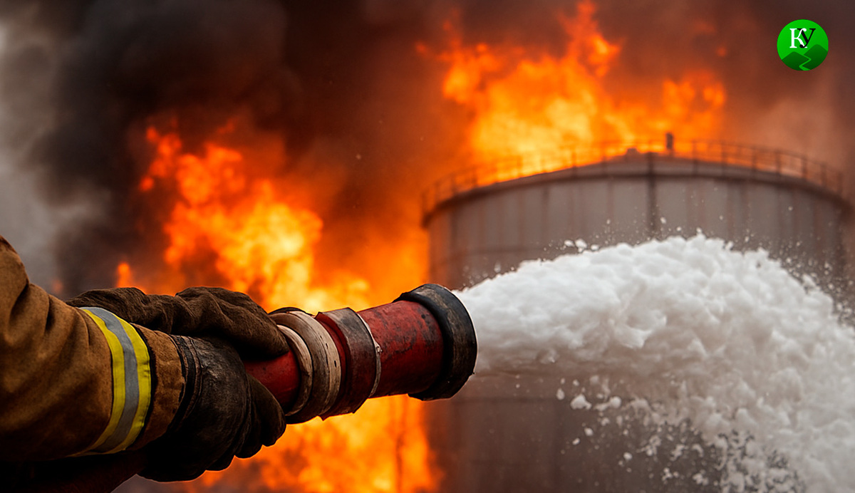 Тушение пожара на нефтебазе. Иллюстрация создана «Кавказским узлом» с помощью ИИ в программе Copilot