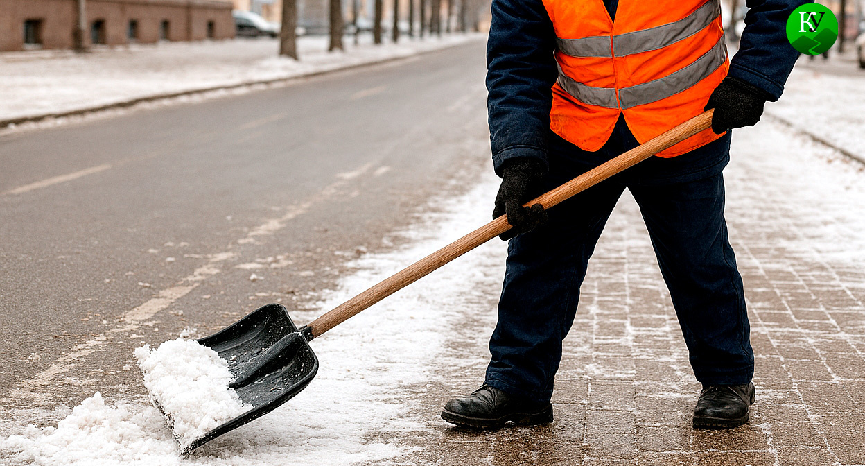 Дворник убирает снег. Иллюстрация создана «Кавказским узлом» с помощью ИИ в программе Copilot