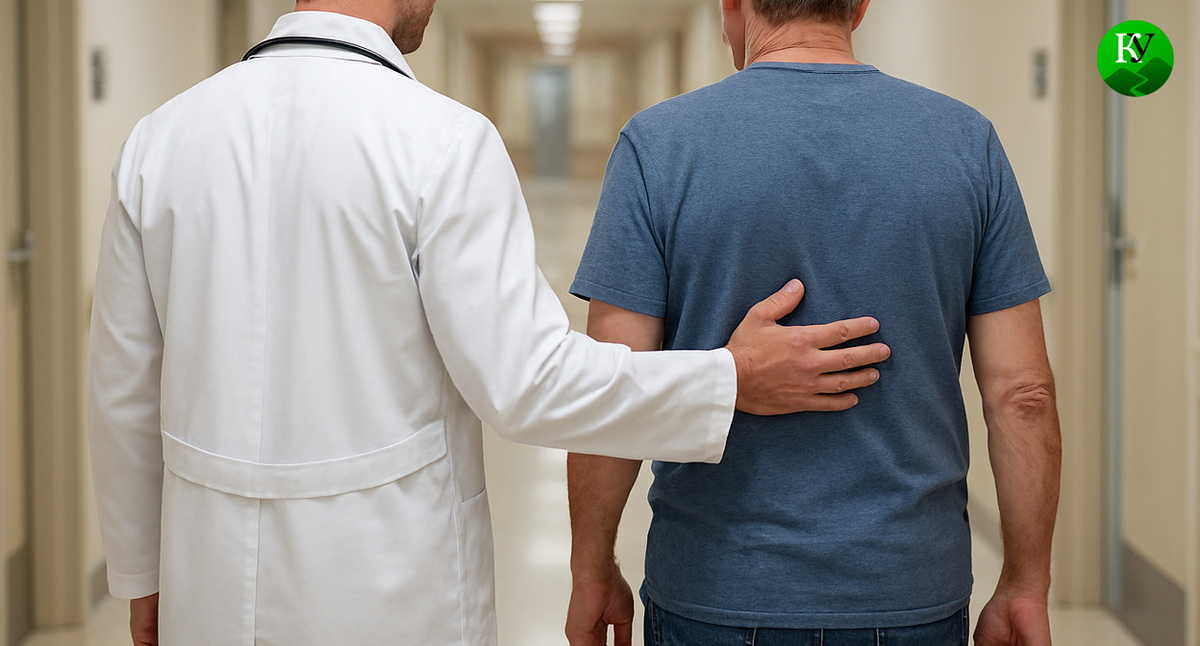 Врач помогает идти пациенту. Иллюстрация создана «Кавказским узлом» с помощью ИИ в программе Copilot