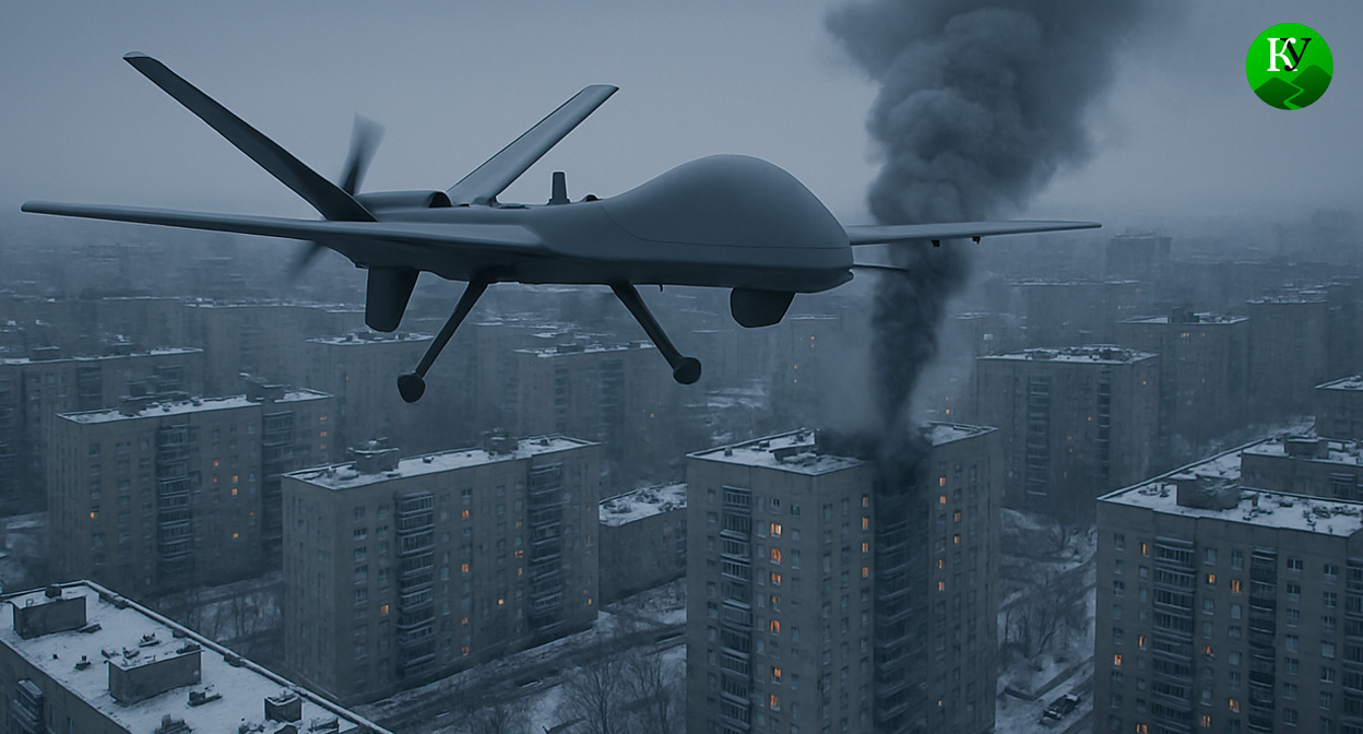 БПЛА над городом. Иллюстрация создана «Кавказским узлом» с помощью ИИ в программе Copilot