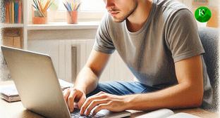 Мужчина сидит за компьютером. Иллюстрация создана "Кавказским узлом" при помощи ИИ в программе Copilot