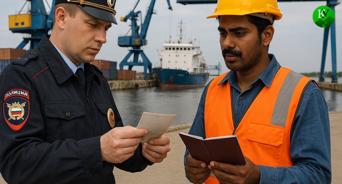 Мигрант и полицейский. Иллюстрация создана «Кавказским узлом» с помощью ИИ в программе Copilot