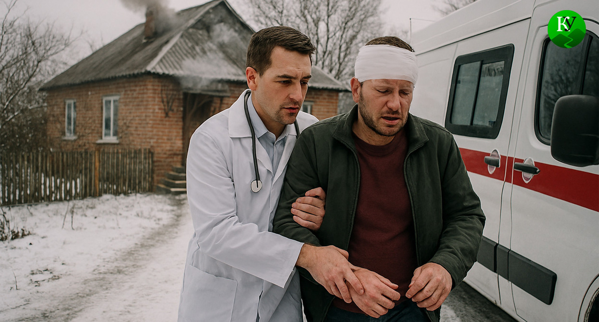 Врач ведет пострадавшего к скорой. Иллюстрация создана «Кавказским узлом» с помощью ИИ в программе Copilot Врач ведет пострадавшего к скорой. Иллюстрация создана «Кавказским узлом» с помощью ИИ в программе Copilot