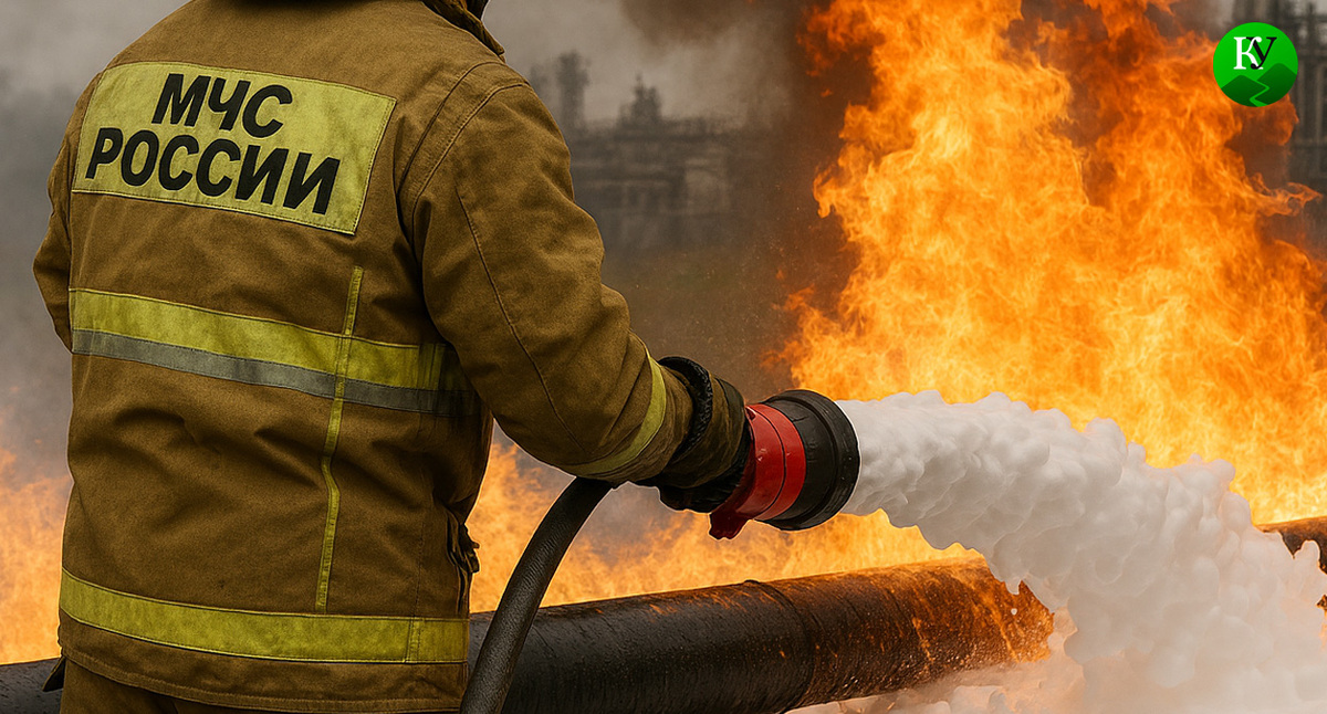 Пожарный тушит огонь на нефтепроводе. Иллюстрация создана «Кавказским узлом» с помощью ИИ в программе Copilot Пожарный тушит огонь на нефтепроводе. Иллюстрация создана «Кавказским узлом» с помощью ИИ в программе Copilot