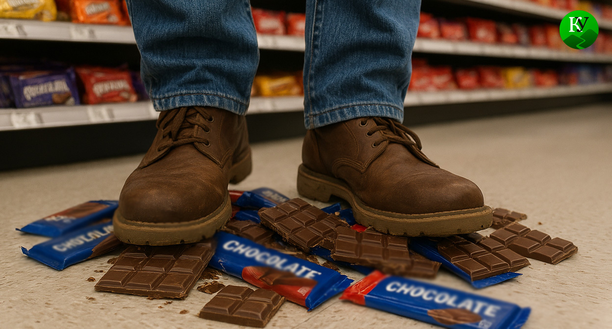 Мужчина топчет шоколад. Иллюстрация создана «Кавказским узлом» с помощью ИИ в программе Copilot