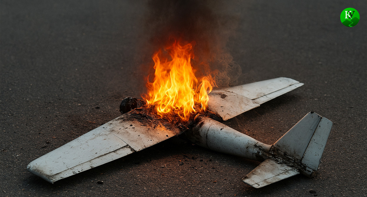 БПЛА горит. Иллюстрация создана «Кавказским узлом» с помощью ИИ в программе Copilot